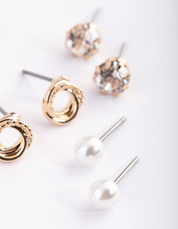 Gold Pearl and Diamante Stud Earring Pack