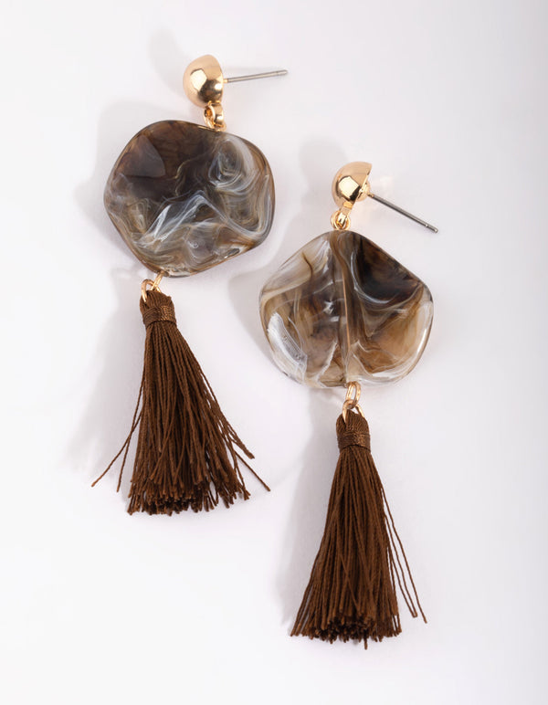 Brown Bead and Tassel Drop Earrings