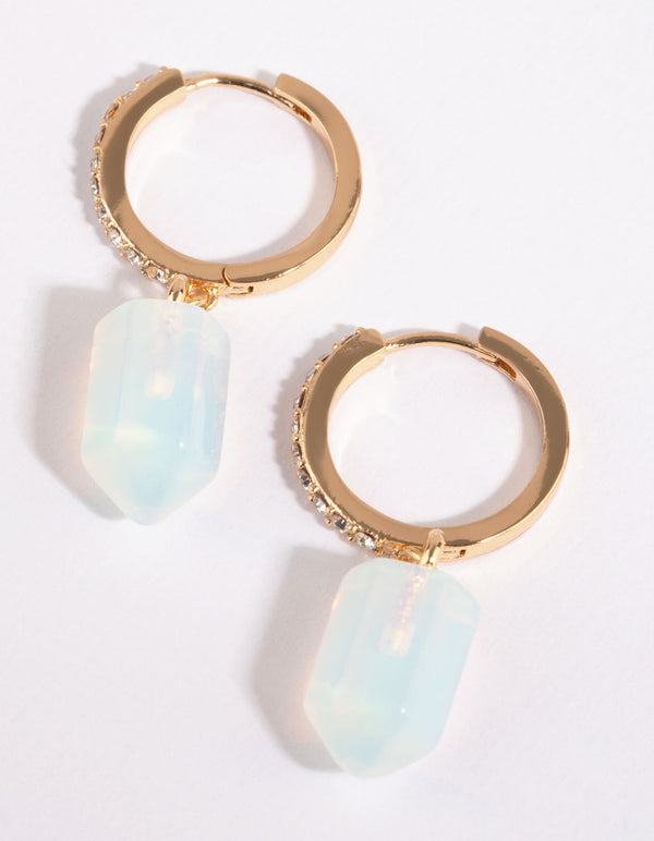 Gold Moonstone and Diamante Huggie Earrings