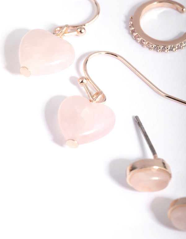 Rose Gold Quartz Heart Stack Pack Earrings