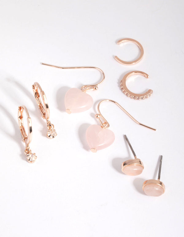 Rose Gold Quartz Heart Stack Pack Earrings