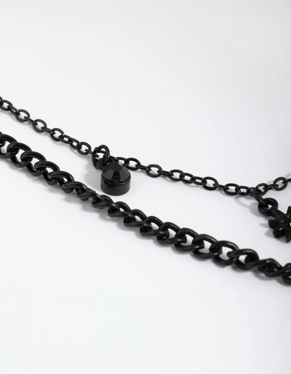 Matte Black Star and Diamante Layered Necklace