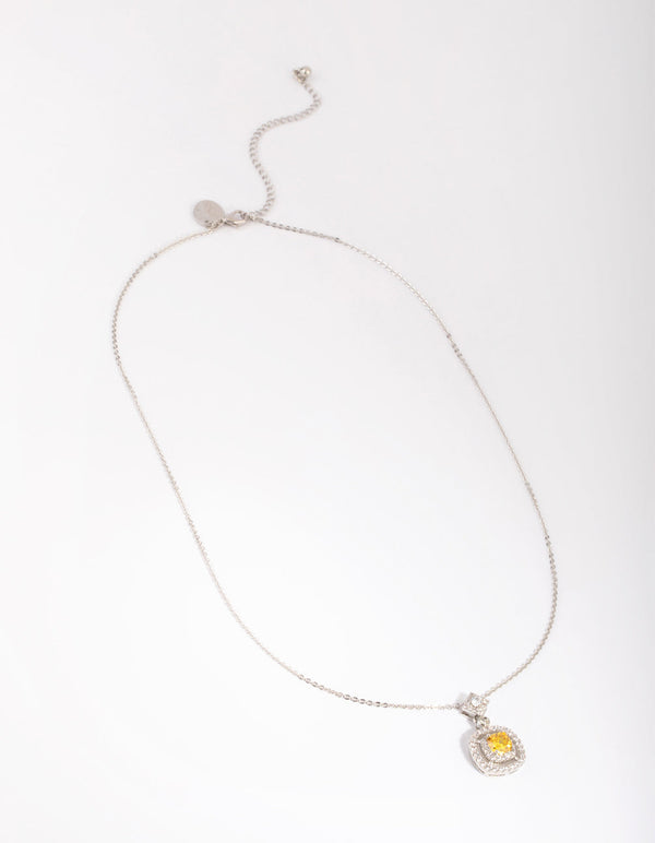 Rhodium Yellow Diamond Simulant Square Pendant Necklace