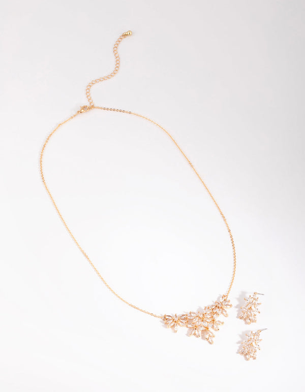 Gold Diamond Simulant Navette Flower Necklace and Earring Set