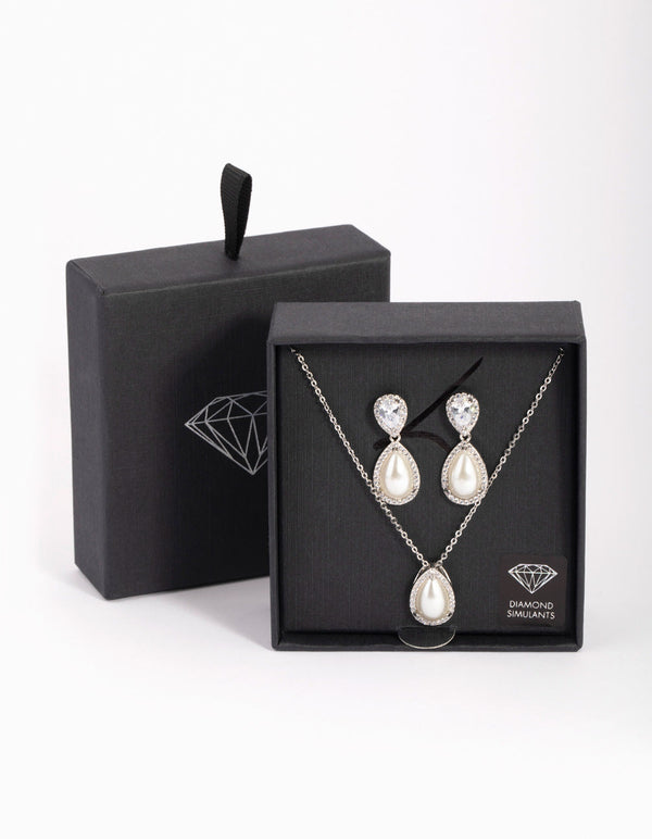 Rhodium Diamond Simulant Pearl Teardrop Necklace and Earring Set