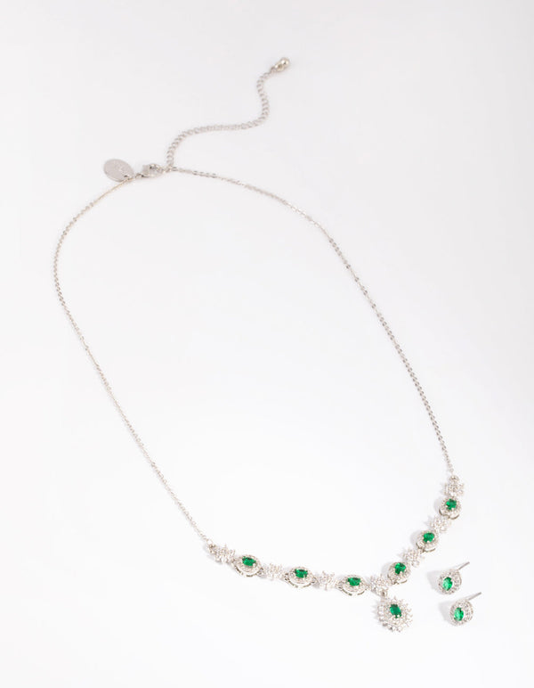 Rhodium Emerald Diamond Simulant Necklace and Earring Set