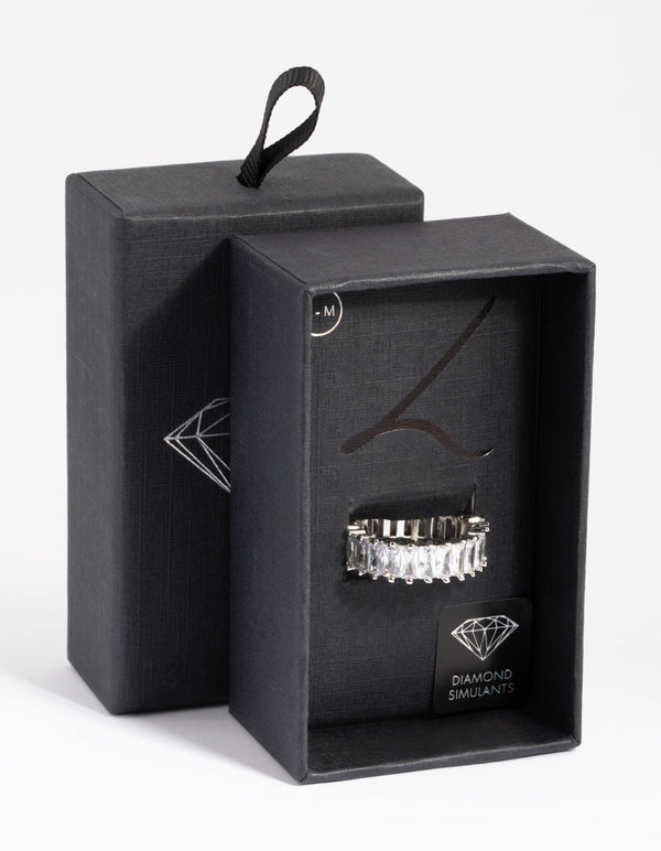 Rhodium Diamond Simulant Baguette Ring