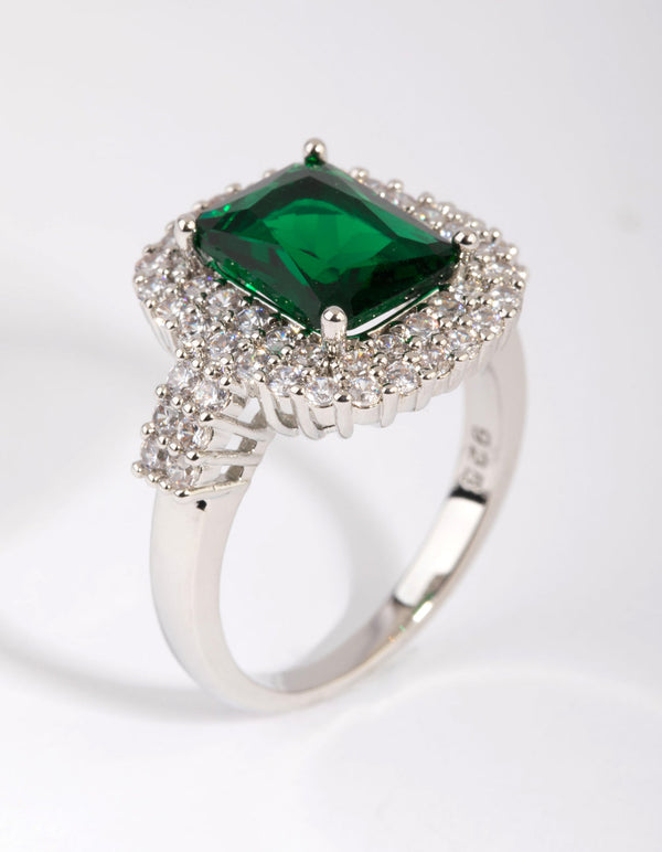 Rhodium Emerald Diamond Simulant Square Ring