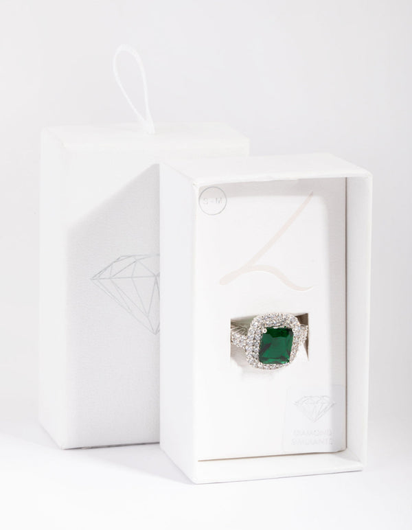 Rhodium Emerald Diamond Simulant Square Ring