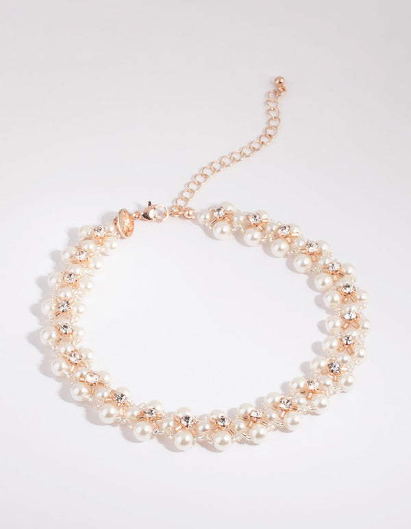Rose Gold Diamante and Pearl Choker Necklace