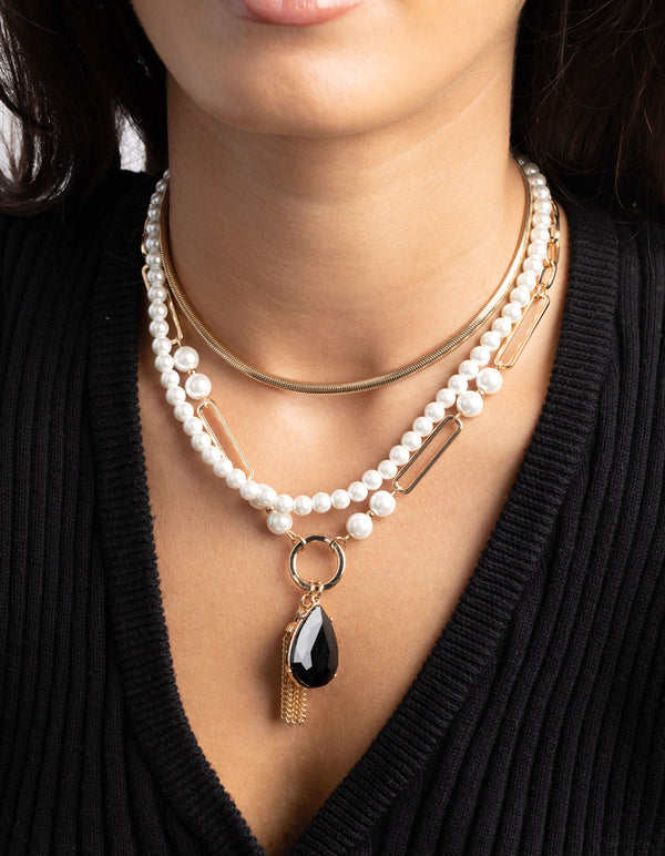 Gold Pearl and Tassel Layered Necklace