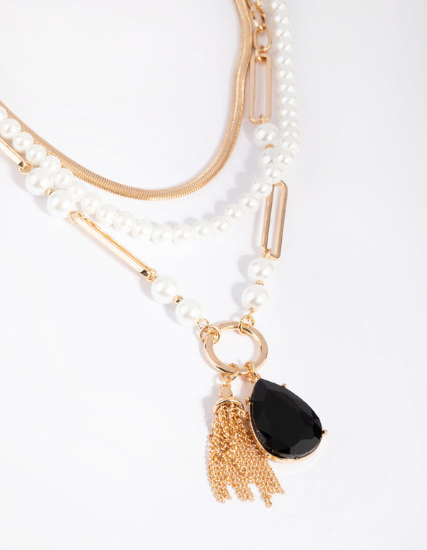 Gold Pearl and Tassel Layered Necklace