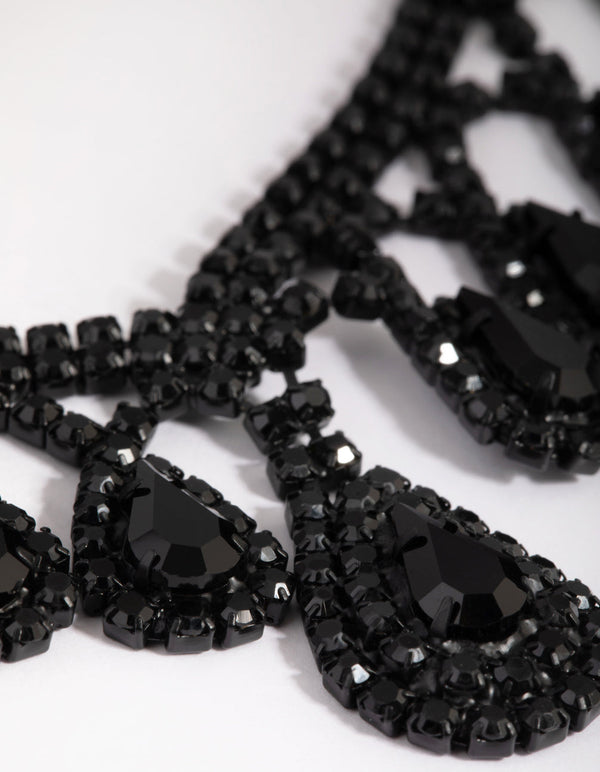 Matte Black Teardrop Diamante Necklace and Earring Set