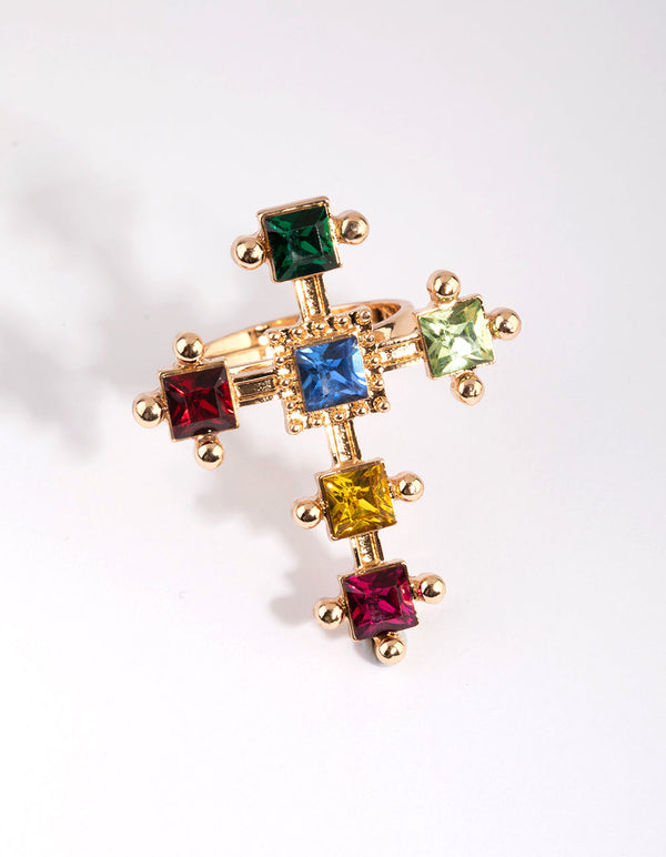 Gold Cross Ring with Jewels