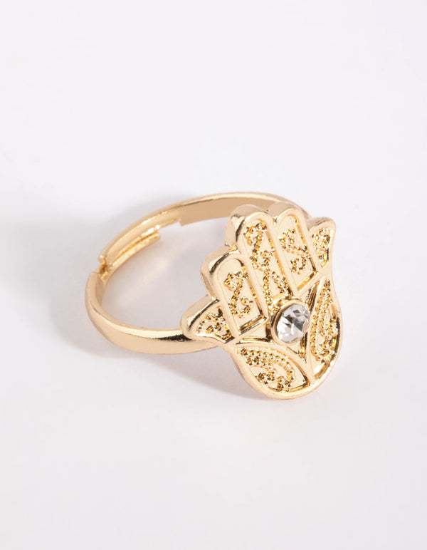 Gold Hamsa Ring with Diamantes