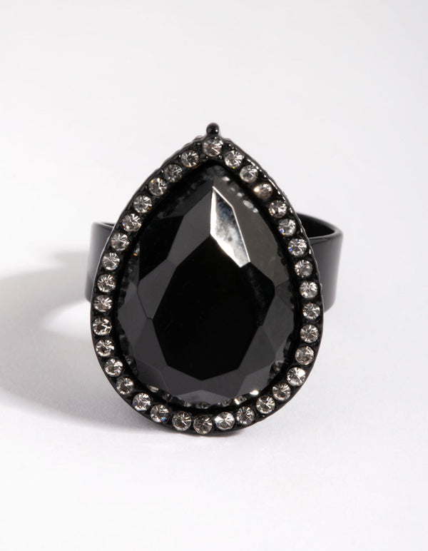 Matte Black Pear-Shaped Diamante Ring