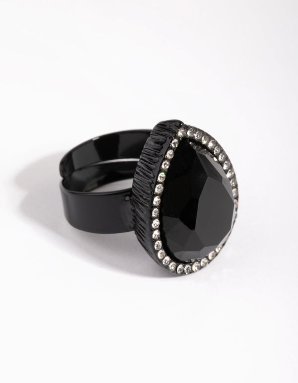 Matte Black Pear-Shaped Diamante Ring