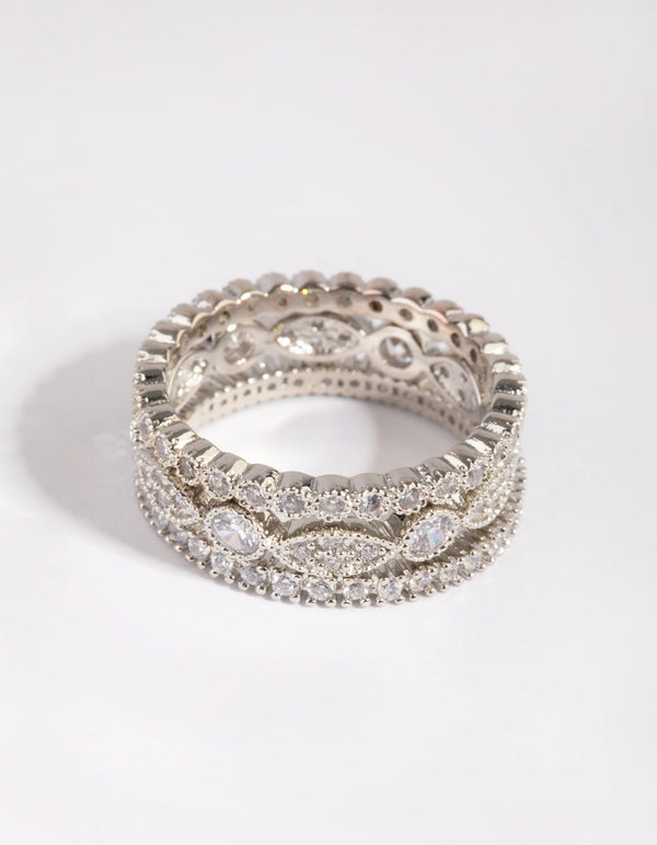 Rhodium Oval and Circle Cubic Zirconia Ring Pack