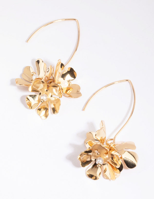 Gold Pearl and Flower Drop Earrings