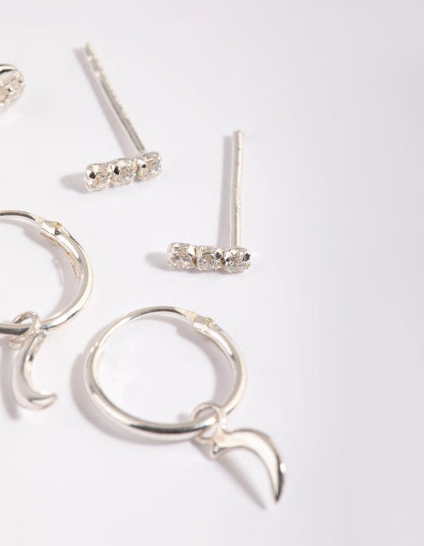Sterling Silver Moon Diamante Stud and Hoop Earring Pack