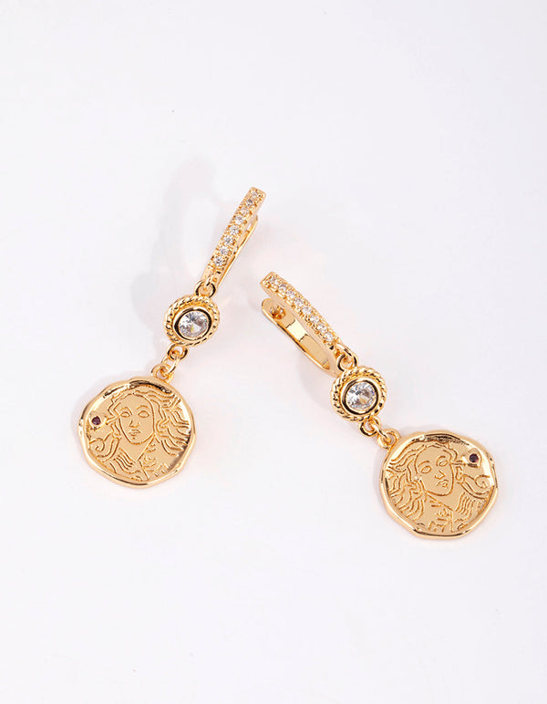 Gold Plated Coin Huggie Hoop Earrings with Cubic Zirconia