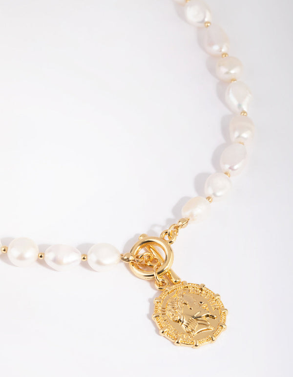 Gold Plated Coin and Fob Necklace with Freshwater Pearl