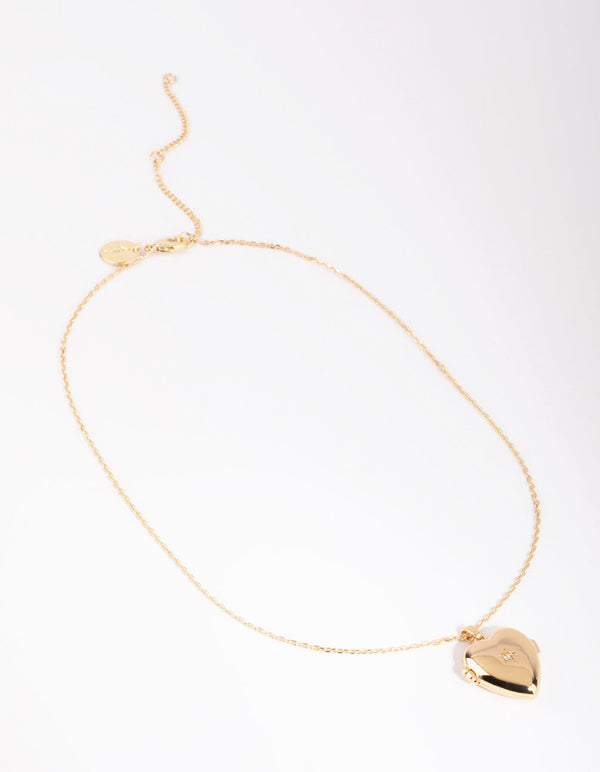 Gold Plated Heart Locket Necklace with Cubic Zirconia