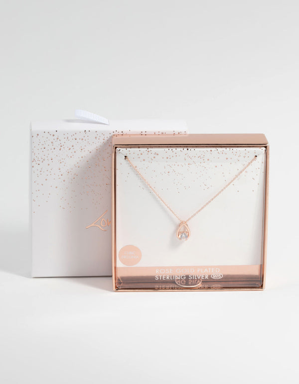 Rose Gold Plated Sterling Silver Cubic Zirconia Teardrop Necklace