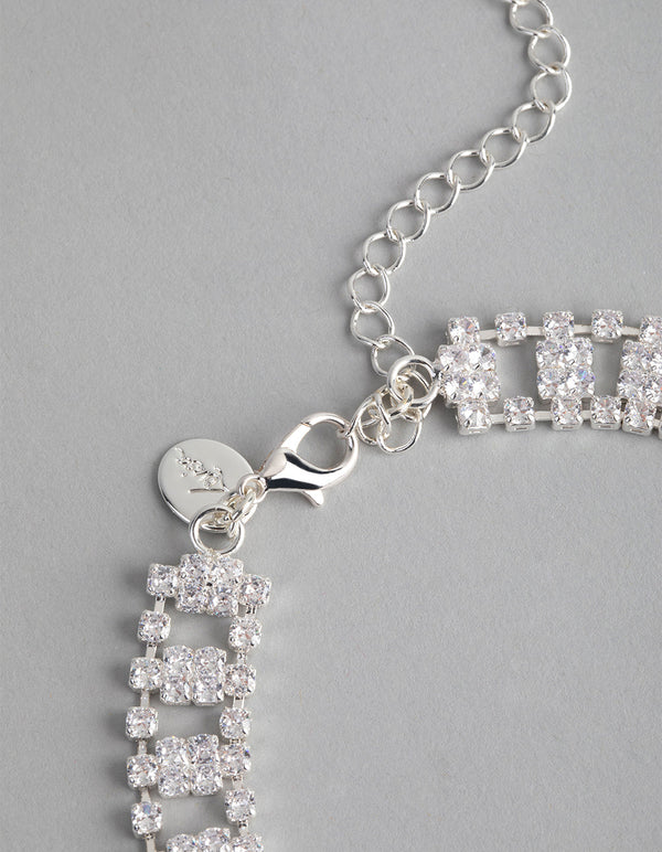 Silver Cubic Zirconia Short Curtain Choker Necklace
