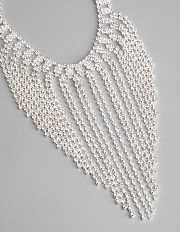 Silver Cubic Zirconia Short Curtain Choker Necklace