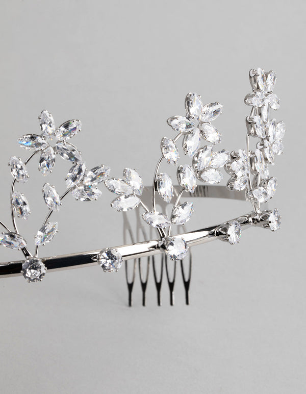 Rhodium Cubic Zirconia Draped Flower Alice Band