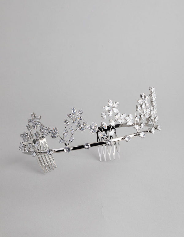 Rhodium Cubic Zirconia Draped Flower Alice Band