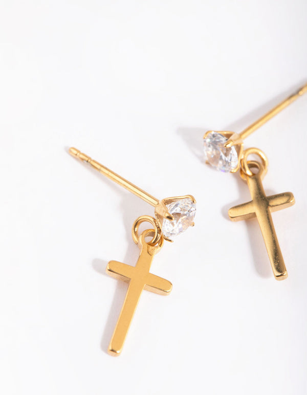 Gold Plated Surgical Steel Diamante Cross Drop Earrings