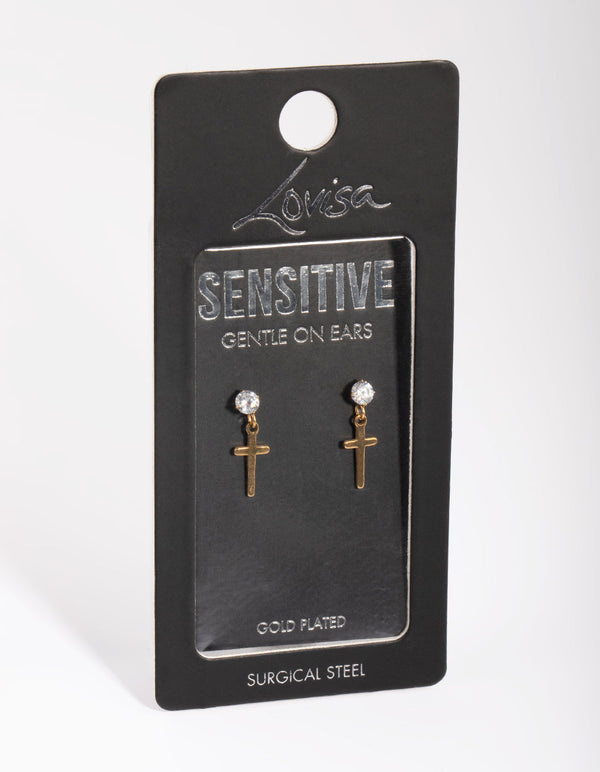 Gold Plated Surgical Steel Diamante Cross Drop Earrings