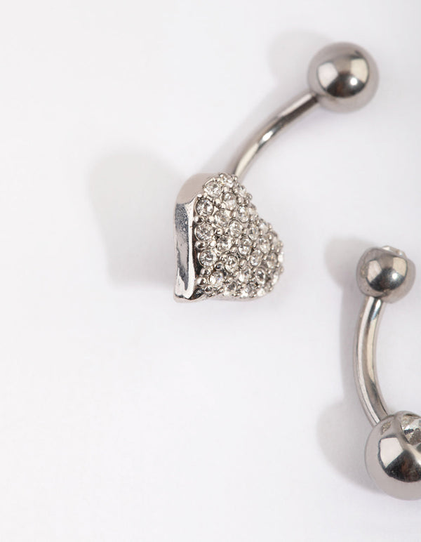 Rhodium Heart and Diamante Belly Ring Set