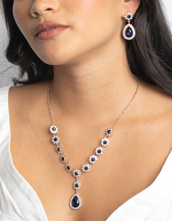 Rose Gold Diamante Flower Necklace and Earrings Set