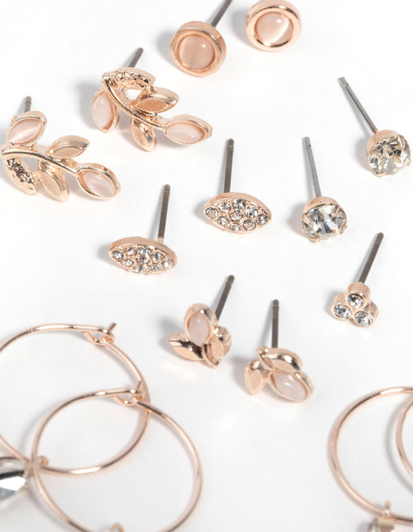 Rose Gold Diamante and Leaf Stud Earring Pack