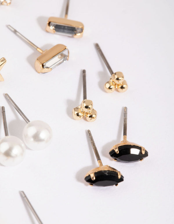Gold Diamante and Pearl Stud Earring Pack