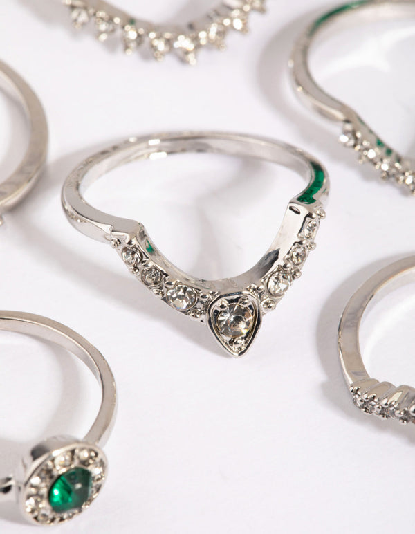 Rhodium Green Diamante Ring Pack