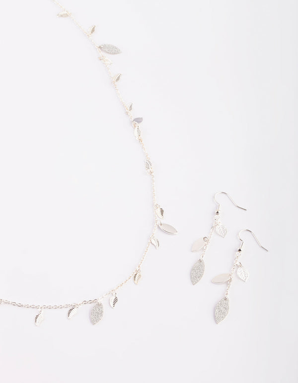 Silver Glitter Leaf Necklace and Earrings Set