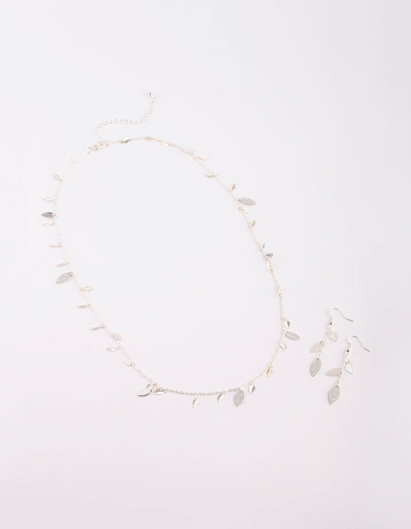Silver Glitter Leaf Necklace and Earrings Set