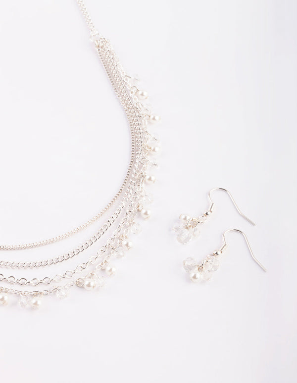 Silver Pearl Necklace and Earrings Set