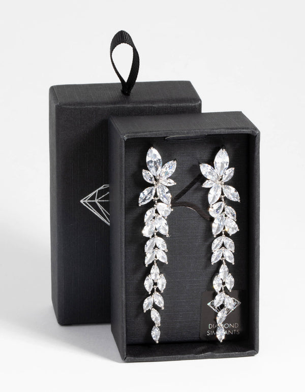 Rhodium Diamond Simulant Drop Earrings