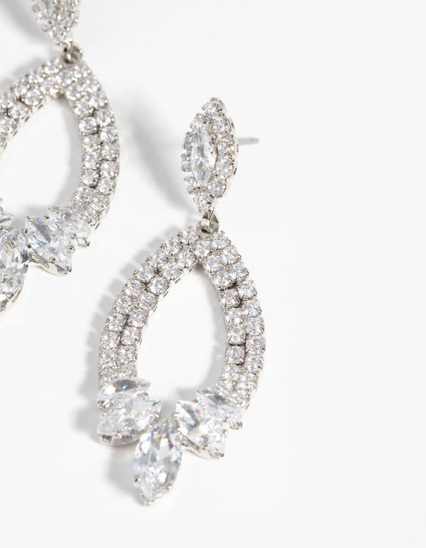 Rhodium Diamond Simulant Teardrop Earrings
