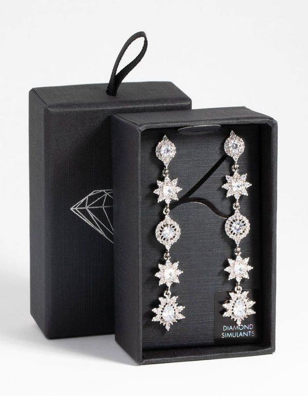 Rhodium Diamond Simulant Decorative Drop Earrings