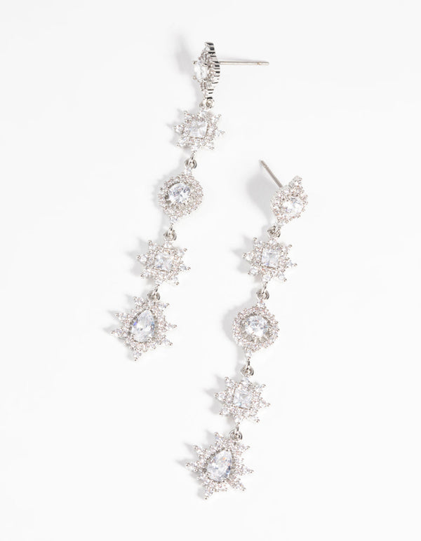 Rhodium Diamond Simulant Decorative Drop Earrings