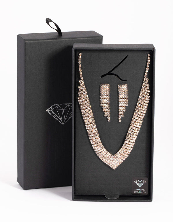 Rose Gold Diamond Simulant Necklace and Earrings Set