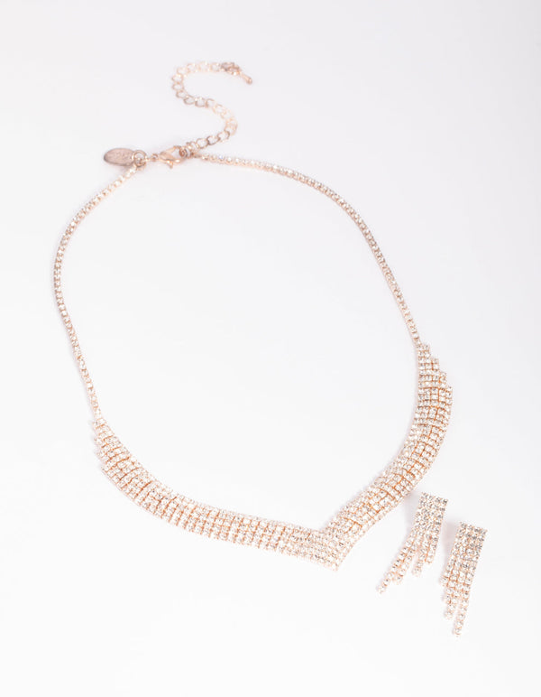 Rose Gold Diamond Simulant Necklace and Earrings Set