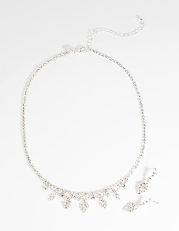 Silver Diamond Simulant Necklace and Earrings Set