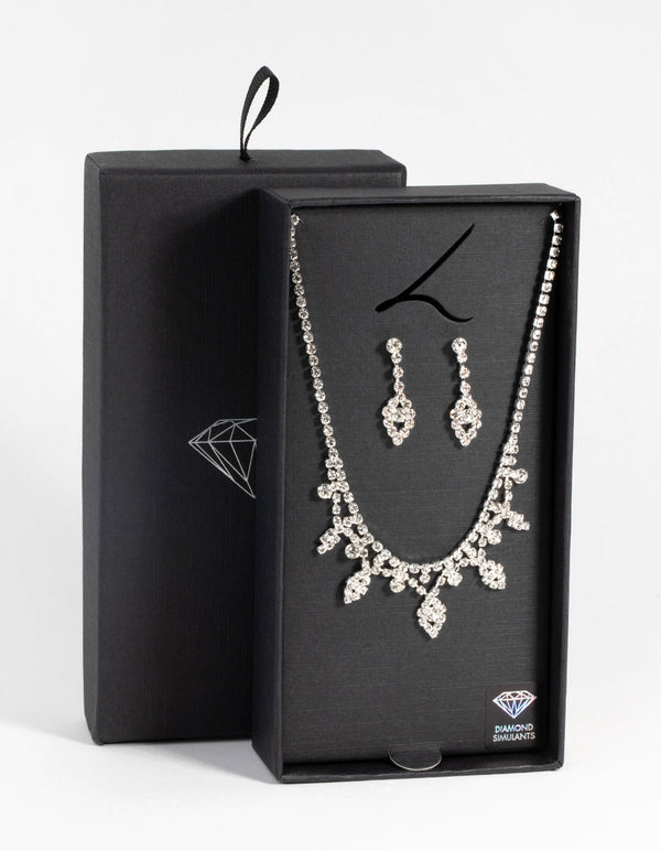 Silver Diamond Simulant Necklace and Earrings Set
